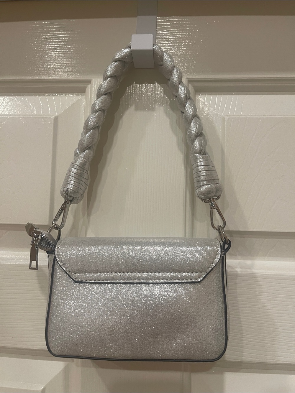 Silver Metallic Women's Bag with Braided Handle 7”W 4”H - Picture 2 of 3